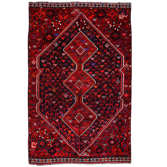 Shiraz Persian Rug 6x4 ft - Semi Antique Geometric Blue, Red Hand Knotted | front view | SKU 111443