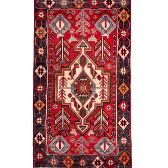 Shiraz Persian Rug 7'3" x 4'3" - Semi Antique Geometric Blue, Red Hand Knotted | front view | SKU 111445