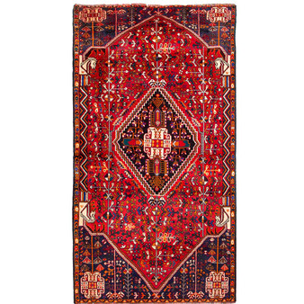 Shiraz Persian Rug 7x4 ft - Semi Antique Medallion (Toranj), Geometric Madder Red, Navy Blue, Cream Hand Knotted | front view | SKU 111450