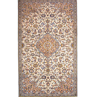 Kashan Persian Rug 9x5 ft - Semi Antique Medallion Crimson, Navy Blue Hand Knotted | front view | SKU 111454