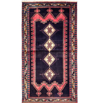 Sirjan Persian Rug 7x3 ft - Semi Antique Medallion (Toranj), Geometric Navy Blue, Red, Cream Hand Knotted | front view | SKU 111458
