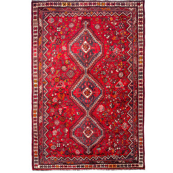 Shiraz Persian Rug 9x6 ft - Semi Antique Medallion Geometric Madder Red, Burgundy, Cream Hand Knotted | front view | SKU 111464
