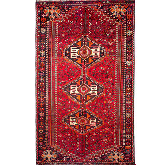 Shiraz Persian Rug 9x5 ft - Semi Antique Geometric Blue, Red Hand Knotted | front view | SKU 111473