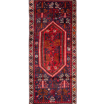 Shiraz Persian Rug 8x3 ft - Semi Antique Geometric Blue, Red Hand Knotted | front view | SKU 111478