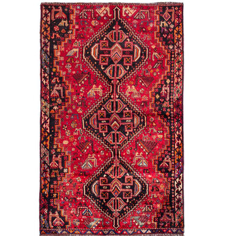 Shiraz Persian Rug 7'10" x 4'6" - Semi Antique Geometric Blue, Red Hand Knotted | front view | SKU 111481