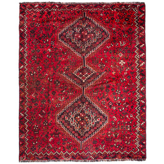 Shiraz Persian Rug 8'0" x 6'1" - Semi Antique Geometric Blue, Red Hand Knotted | front view | SKU 111488