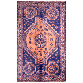 Shiraz Persian Rug 7x4 ft - 25-40 Years Medallion (Toranj), Geometric Navy Blue, Rust Red, Terracotta Hand Knotted | front view | SKU 111490