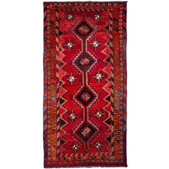 Shiraz Persian Rug 10x4 ft - Semi Antique Geometric, Diamond Lattice Red, Madder Red, Navy Blue Hand Knotted | front view | SKU 111495