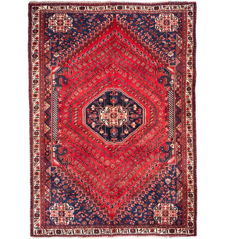 Shiraz Persian Rug 9x6 ft - Semi Antique Medallion (Toranj), Geometric Madder Red, Navy Blue, Ivory Hand Knotted | front view | SKU 111498