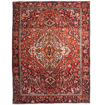 Bakhtiari Persian Rug 9x6 ft - Semi Antique Medallion Toranj, Herati Mahi Madder Red, Crimson, Rust Red Hand Knotted | front view | SKU 111500