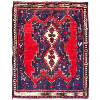 Sirjan Persian Rug 6x5 ft - Semi Antique Medallion Red, Navy Blue Hand Knotted | front view | SKU 111504