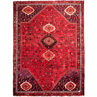 Shiraz Persian Rug 9x7 ft - Semi Antique Medallion Geometric Madder Red, Dark Red, Navy Blue Hand Knotted | front view | SKU 111505
