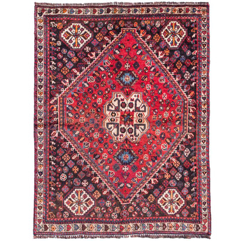 Shiraz Persian Rug 4x3 ft - Semi Antique Medallion (Toranj), Geometric Madder Red, Dark Red, Navy Blue Hand Knotted | front view | SKU 111507
