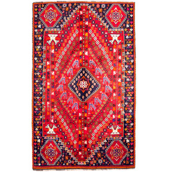 Shiraz Persian Rug 7x4 ft - Semi Antique Medallion Geometric Madder Red, Navy Blue, Ivory Hand Knotted | front view | SKU 111510