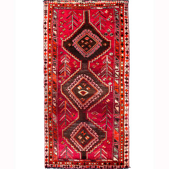 Shiraz Persian Rug 8x3 ft - Antique Medallion (Toranj), Geometric Madder Red, Dark Red, Brown Hand Knotted | front view | SKU 111514