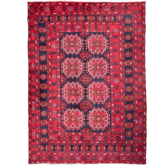 Afghan Persian Rug 9x6 ft - Semi Antique Geometric, Gol Farang (European Floral) Madder Red, Navy Blue, Burgundy Hand Knotted | front view | SKU 111536