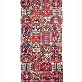 Bakhtiari Persian Rug 9x4 ft - Semi Antique Medallion Blue, Crimson Hand Knotted | front view | SKU 111545