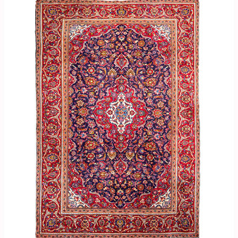 Kashan Persian Rug 9'11" x 6'7" - Semi Antique Medallion Crimson, Navy Blue Hand Knotted | front view | SKU 111551
