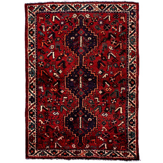 Shiraz Persian Rug 4x3 ft - Semi Antique Geometric Blue, Red Hand Knotted | front view | SKU 111553