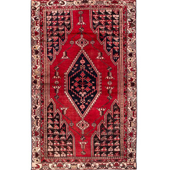 Mazlaghan Persian Rug 6x4 ft - Semi Antique Medallion Navy Blue, Crimson Hand Knotted | front view | SKU 111605