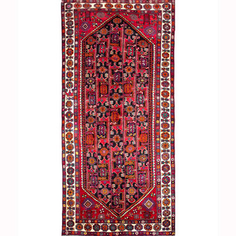 Quchan Persian Rug 9x4 ft - Semi Antique Medallion Red, Blue Hand Knotted | front view | SKU 111809