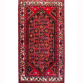 Quchan Persian Rug 9'10" x 5'5" - Semi Antique Medallion Red, Blue Hand Knotted | front view | SKU 111810