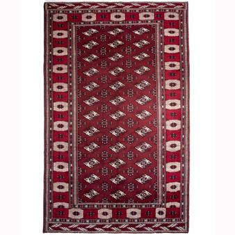 Turkmen Persian Rug 11x6 ft - Semi Antique Geometric Crimson, Navy Blue Hand Knotted | front view | SKU 111817