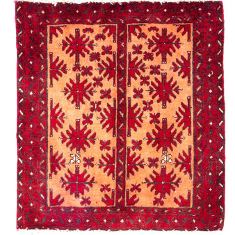 Baluch Persian Rug 2'6" x 2'2" - Semi Antique Mihrab Red, Blue Hand Knotted | front view | SKU 111821