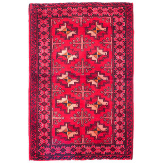 Turkmen Persian Rug 2x1 ft - Semi Antique Geometric Crimson, Navy Blue Hand Knotted | front view | SKU 111822