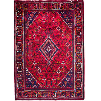 Josheghan Persian Rug 10x7 ft - Semi Antique Geometric Crimson, Navy Blue Hand Knotted | front view | SKU 112004