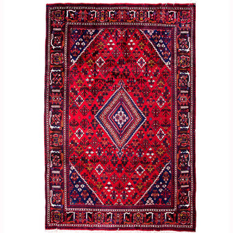 Joshaqan Persian Rug 10x6 ft - Semi Antique Medallion Geometric Crimson, Navy Blue, White Hand Knotted | front view | SKU 112005