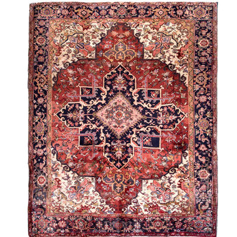 Heriz Persian Rug 10x8 ft - Semi Antique Medallion Red, Brown Hand Knotted | front view | SKU 112009