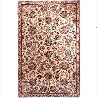 Kashan Persian Rug 8'10" x 5'5" - Semi Antique Medallion Crimson, Navy Blue Hand Knotted | front view | SKU 112011