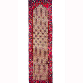 Songhor Persian Rug 11x2 ft - Semi Antique Geometric Red, Blue Hand Knotted | front view | SKU 112012