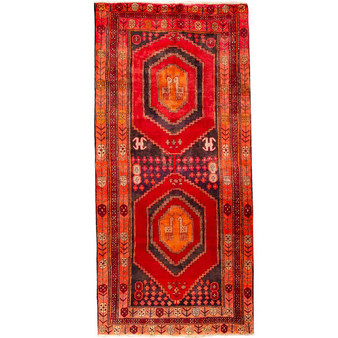 Ardabil Persian Rug 9x4 ft - Semi Antique Medallion (Toranj), Geometric Red, Burgundy, Orange Hand Knotted | front view | SKU 110012