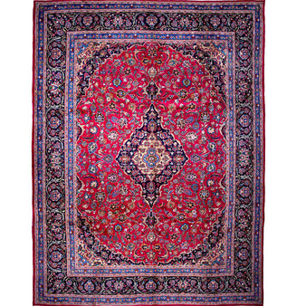 Kashmar Persian Rug 13'3" x 9'8" - Semi Antique Afshan Crimson, Ivory Hand Knotted | front view | SKU 112014