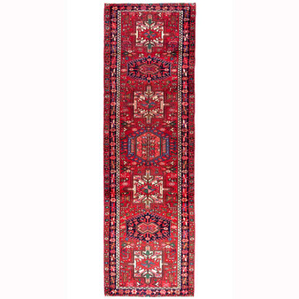 Karaja Persian Rug 10'8" x 3'1" - Semi Antique Medallion Ultramarine, Red Hand Knotted | front view | SKU 112015
