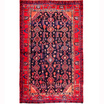 Borujerd Persian Rug 6x4 ft - Semi Antique Geometric Crimson, Navy Blue Hand Knotted | front view | SKU 112016