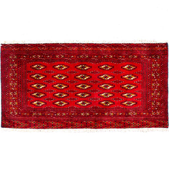 Turkmen Persian Rug 3'7" x 1'11" - Semi Antique Geometric Crimson, Navy Blue Hand Knotted | front view | SKU 112017