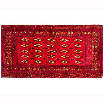 Turkmen Persian Rug 3x1 ft - Semi Antique Geometric, Turkmen Gul Crimson, Madder Red, Burgundy Hand Knotted | front view | SKU 112018