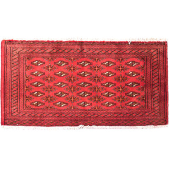 Turkmen Persian Rug 3x1 ft - Semi Antique Geometric Crimson, Navy Blue Hand Knotted | front view | SKU 112021