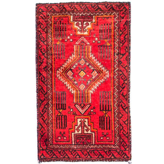Baluch Persian Rug 2x1 ft - Semi Antique Mihrab (Prayer), Geometric Red, Crimson, Dark Red Hand Knotted | front view | SKU 112023