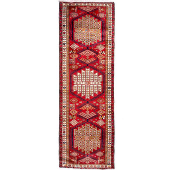 Heriz Persian Rug 10'11" x 3'7" - Semi Antique Medallion Red, Brown Hand Knotted | front view | SKU 112028