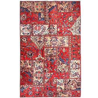 Mahal Persian Rug 7x4 ft - Semi Antique Kheshti (Garden), Herati (Mahi) Red, Ivory, Navy Blue Hand Knotted | front view | SKU 112031