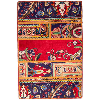 Tabriz Persian Rug 2x1 ft - Semi Antique Kheshti Garden, Composite Red, Navy Blue, Cream Hand Knotted | front view | SKU 112040
