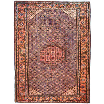 Ardabil Persian Rug 10x7 ft - Semi Antique Medallion Toranj, Herati Mahi Rust Red, Terracotta, Cream Hand Knotted | front view | SKU 112052