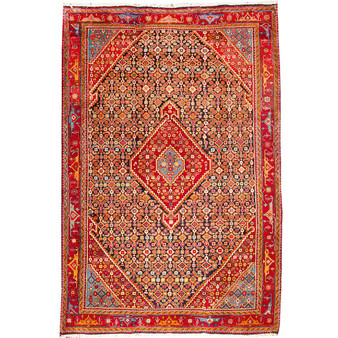 Ardabil Persian Rug 9'10" x 6'7" - Antique Medallion Toranj, Herati Mahi Madder Red, Cream, Navy Blue Hand Knotted | front view | SKU 110016