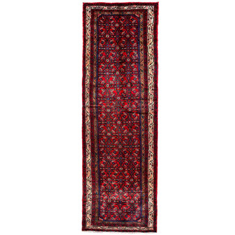 Hamadan Persian Rug 11'8" x 3'5" - Semi Antique Afshan Red, Blue Hand Knotted | front view | SKU 112103