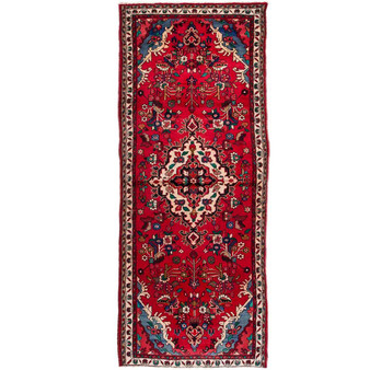 Hamadan Persian Rug 9'5" x 3'5" - Semi Antique Afshan Red, Blue Hand Knotted | front view | SKU 112107