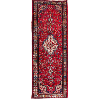 Hamadan Persian Rug 10'7" x 3'7" - Semi Antique Afshan Red, Blue Hand Knotted | front view | SKU 112109